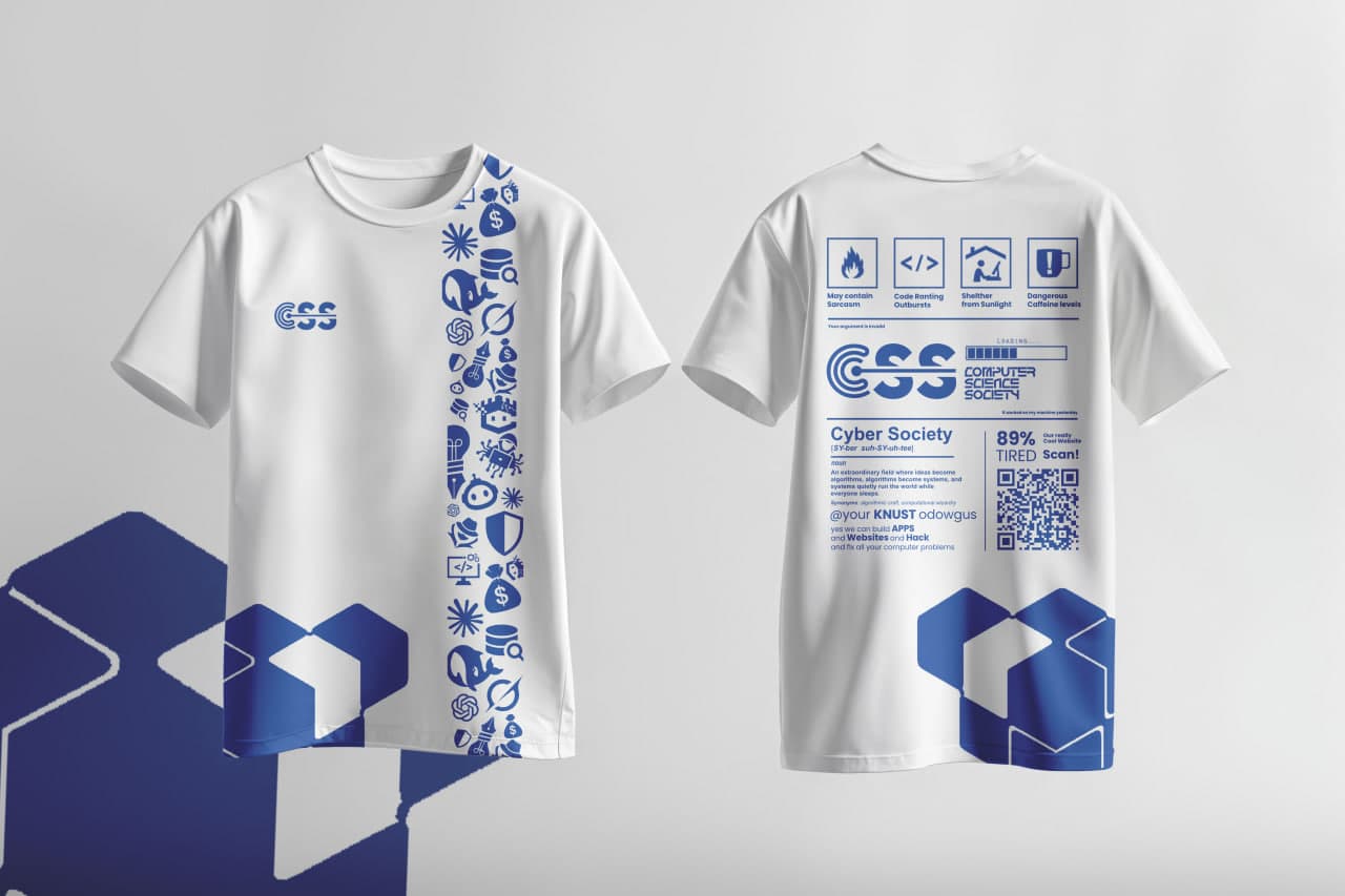 Hyperlink: White CSS Tee with Blue print, front and back